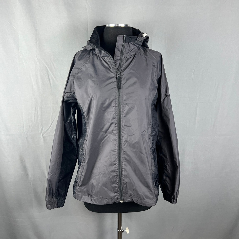 Columbia Packable Windbreaker Jacket Womens M Gray Hooded Mesh Lined Full Zip